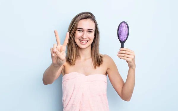 Young Pretty Woman Smiling Looking Happy Gesturing Victory Peace Hairbrush — Stock Photo, Image