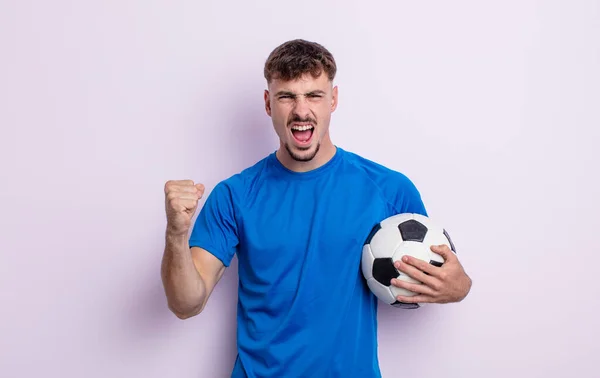 Young Handsome Man Shouting Aggressively Angry Expression Soccer Concept — Stok fotoğraf