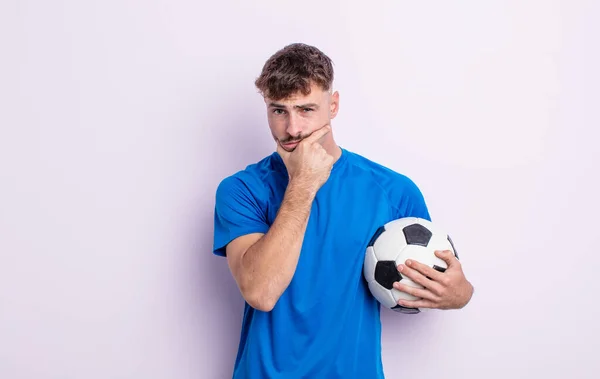 Young Handsome Man Mouth Eyes Wide Open Hand Chin Soccer — Stok fotoğraf
