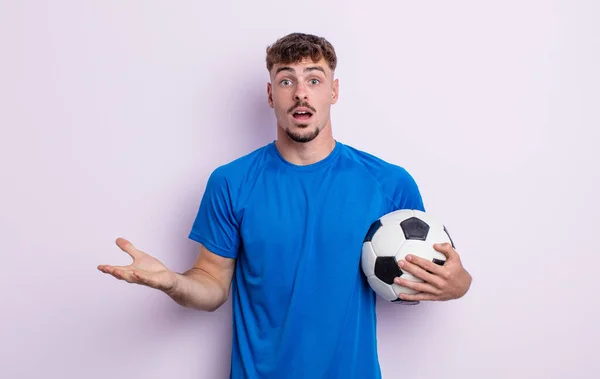 Young Handsome Man Feeling Extremely Shocked Surprised Soccer Concept — Stok fotoğraf