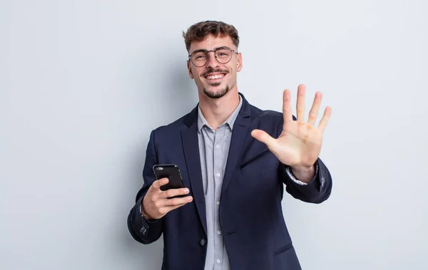 Young Handsome Man Smiling Looking Friendly Showing Number Five Business — Stockfoto