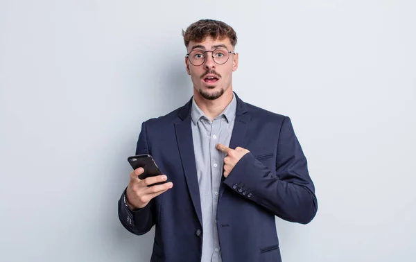 Young Handsome Man Looking Shocked Surprised Mouth Wide Open Pointing — Stock Photo, Image