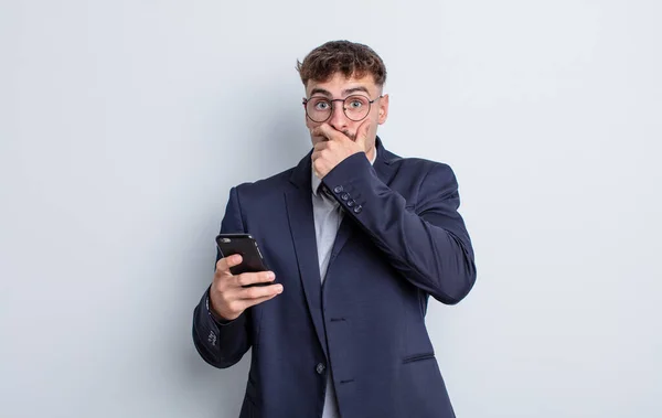 Young Handsome Man Covering Mouth Hands Shocked Business Concept — Stock Photo, Image