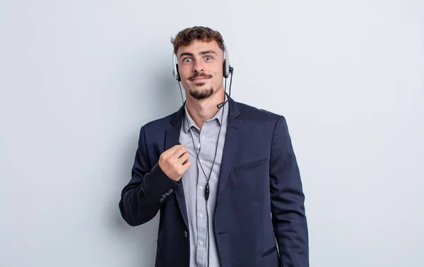 Young Handsome Man Looking Arrogant Successful Positive Proud Telemarketer Concept — Stock Photo, Image