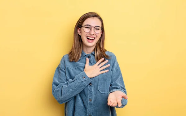 Young Pretty Girl Feeling Happy Love Smiling One Hand Next — Stock Photo, Image