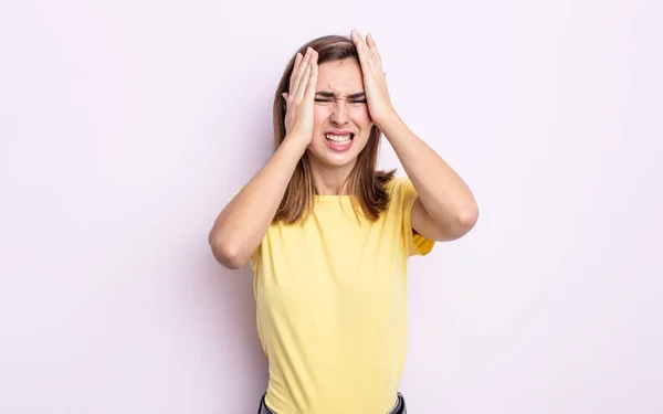 Young Pretty Girl Feeling Stressed Anxious Depressed Frustrated Headache Raising — Stock Photo, Image