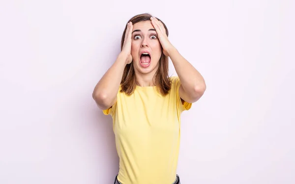 Young Pretty Girl Raising Hands Head Open Mouthed Feeling Extremely — Stock Photo, Image