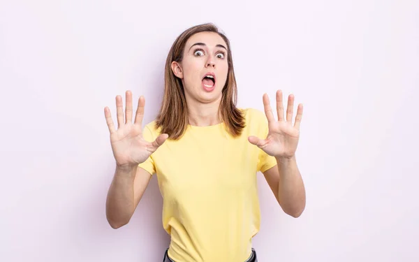 Young Pretty Girl Feeling Stupefied Scared Fearing Something Frightening Hands — Stock Photo, Image