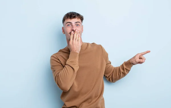 Young Handsome Man Feeling Happy Shocked Surprised Covering Mouth Hand — Stock Photo, Image