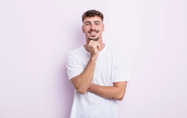 Young Handsome Man Looking Happy Smiling Hand Chin Wondering Asking — Stock Photo, Image