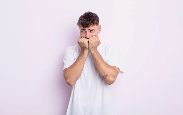 Young Handsome Man Looking Worried Anxious Stressed Afraid Biting Fingernails — Stock Photo, Image