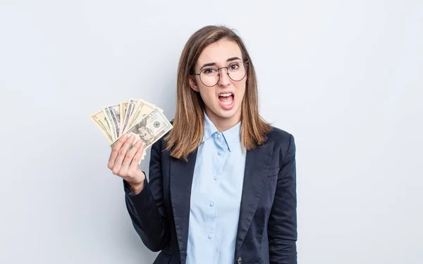 Young Pretty Woman Feeling Puzzled Confused Dollar Banknotes Concept — Stock Photo, Image