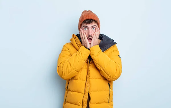Young Handsome Man Feeling Shocked Scared Winter Concept — Stock Photo, Image