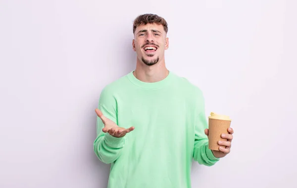 Jonge Knappe Man Wanhopig Gefrustreerd Gestrest Meeneemt Koffie Concept — Stockfoto