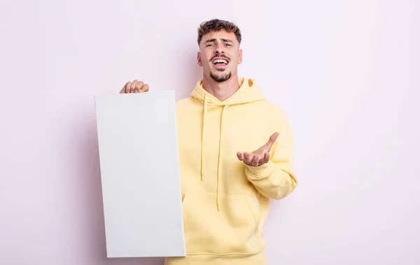 Jonge Knappe Man Wanhopig Gefrustreerd Gestrest Blanco Canvas Concept — Stockfoto