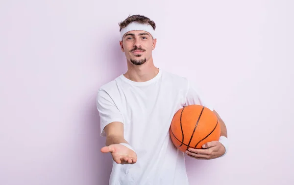 Young Handsome Man Smiling Happily Friendly Offering Showing Concept Basketball — Stock Photo, Image