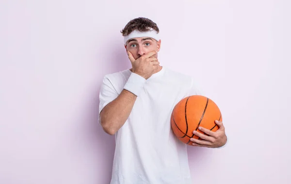 Young Handsome Man Covering Mouth Hands Shocked Basketball Concept — Stock Photo, Image