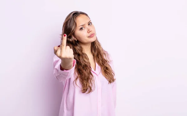 Hispanic Pretty Woman Feeling Angry Annoyed Rebellious Aggressive Flipping Middle — Stock Photo, Image