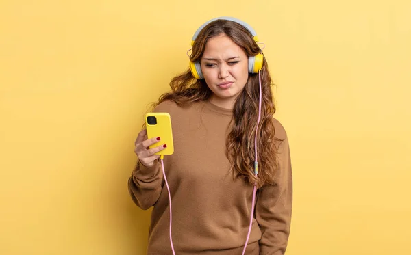 Hispanic Pretty Woman Feeling Sad Upset Angry Looking Side Headphones — Stock Photo, Image