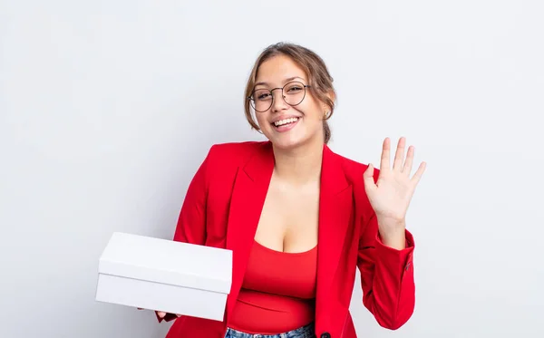 Hispanic Pretty Woman Smiling Happily Waving Hand Welcoming Greeting You — Stock Photo, Image