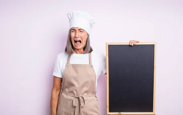 Senior Pretty Woman Shouting Aggressively Looking Very Angry Chef Blackboard — Stock Photo, Image