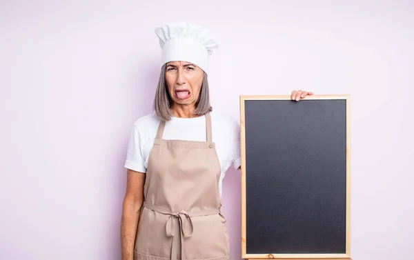 Senior Pretty Woman Feeling Disgusted Irritated Tongue Out Chef Blackboard — Stock Photo, Image