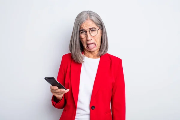 Senior Mooie Vrouw Voelt Zich Walgelijk Geïrriteerd Tong Uit Business — Stockfoto