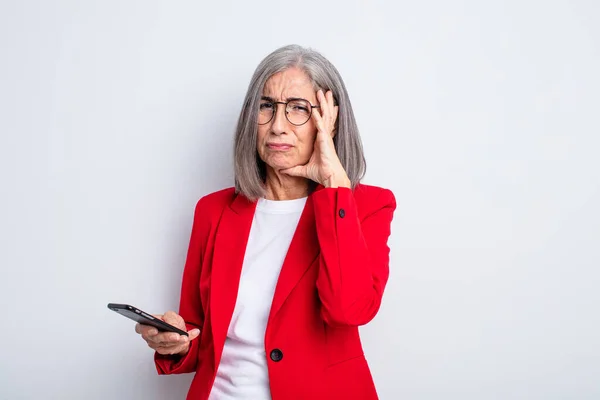 Senior Mooie Vrouw Voelt Zich Verveeld Gefrustreerd Slaperig Een Vermoeiend — Stockfoto