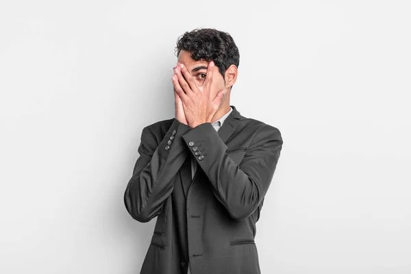 Young Businessman Feeling Scared Embarrassed Peeking Spying Eyes Half Covered — Stock Photo, Image