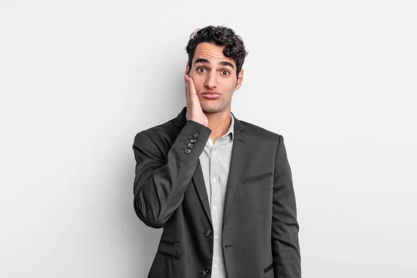 Young Businessman Feeling Shocked Astonished Holding Face Hand Disbelief Mouth — Stock Photo, Image