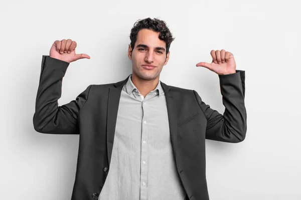 Young Businessman Feeling Proud Arrogant Confident Looking Satisfied Successful Pointing — Stock Photo, Image