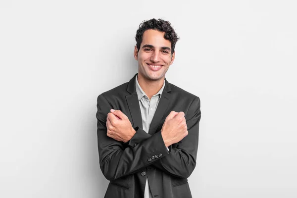 Jonge Zakenman Glimlachen Vrolijk Vieren Met Vuisten Gebald Armen Gekruist — Stockfoto