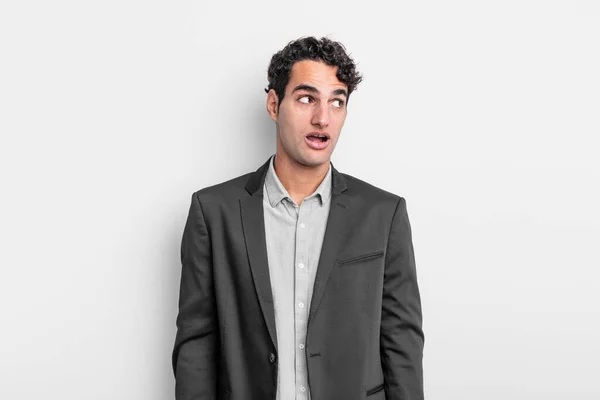 Young Businessman Feeling Shocked Happy Amazed Surprised Looking Side Open — Stock Photo, Image