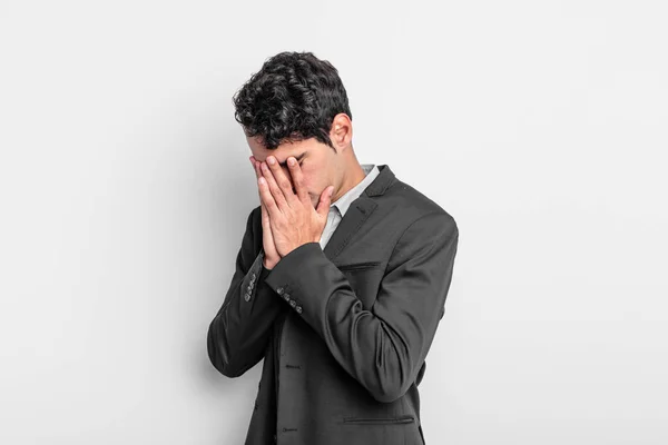 Young Businessman Covering Eyes Hands Sad Frustrated Look Despair Crying — Stock Photo, Image