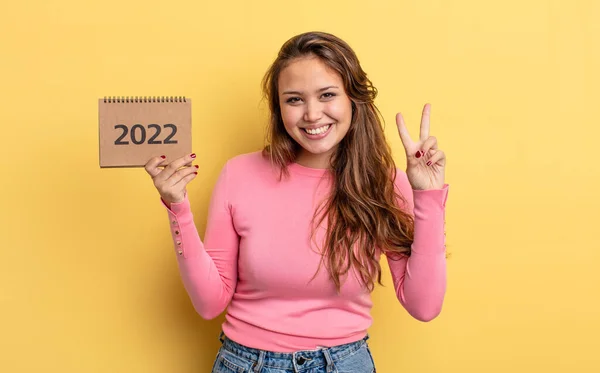 Hispanic Pretty Woman Smiling Looking Happy Gesturing Victory Peace Calendar — Stock Photo, Image