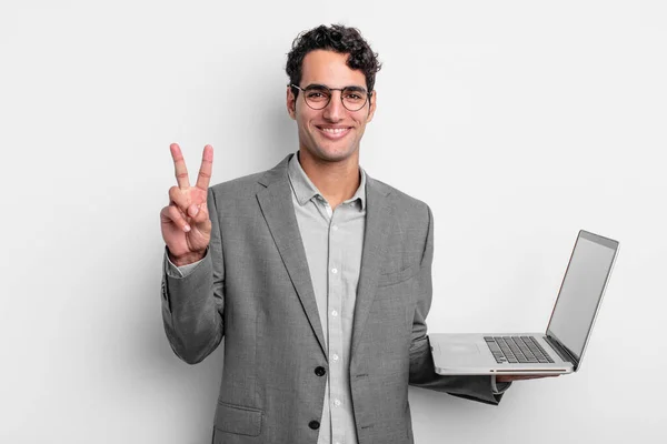 Hispanic Handsome Man Smiling Looking Friendly Showing Number Two Business — Stock Photo, Image