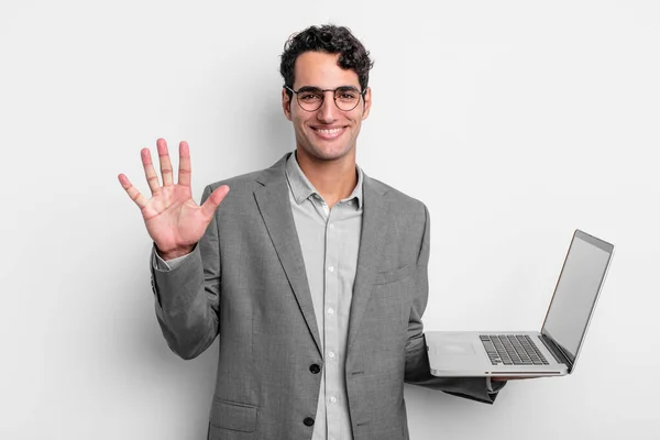Hispanic Handsome Man Smiling Looking Friendly Showing Number Five Business — Stock Photo, Image