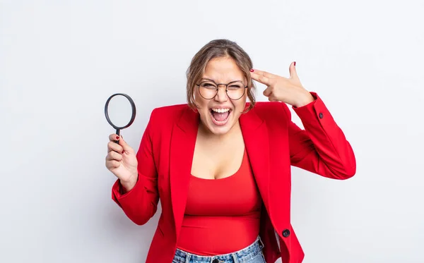 Hispanic Pretty Woman Looking Unhappy Stressed Suicide Gesture Making Gun — Stock Photo, Image