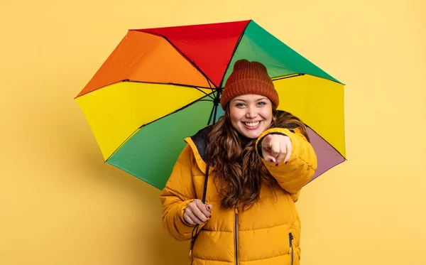 Hispanic Pretty Woman Pointing Camera Choosing You Umbrella Concept — Stock Photo, Image