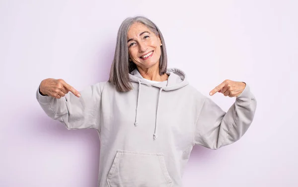 Senior Pretty Woman Looking Proud Arrogant Happy Surprised Satisfied Pointing — Stock Photo, Image