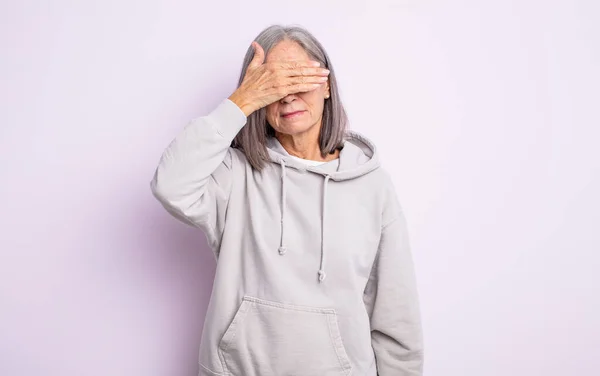 Senior Pretty Woman Covering Eyes One Hand Feeling Scared Anxious — Stock Photo, Image