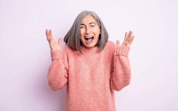 Senior Pretty Woman Furiously Screaming Feeling Stressed Annoyed Hands Air — Stock Photo, Image