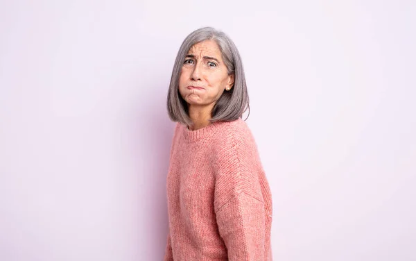 Senior Pretty Woman Goofy Crazy Surprised Expression Puffing Cheeks Feeling — Stock Photo, Image