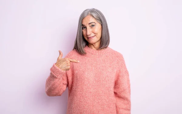 Senior Pretty Woman Looking Proud Confident Happy Smiling Pointing Self — Stock Photo, Image