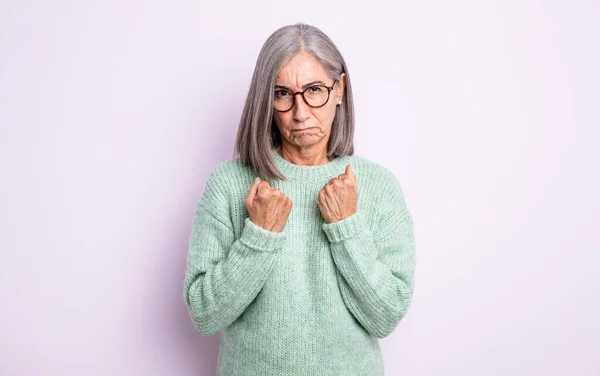 Senior Pretty Woman Looking Confident Angry Strong Aggressive Fists Ready — Stock Photo, Image