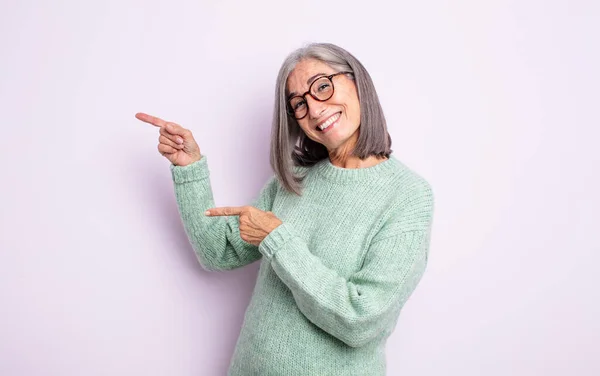Senior Pretty Woman Feeling Joyful Surprised Smiling Shocked Expression Pointing — Stock Photo, Image