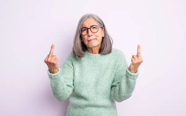 Senior Pretty Woman Feeling Provocative Aggressive Obscene Flipping Middle Finger — Stock Photo, Image