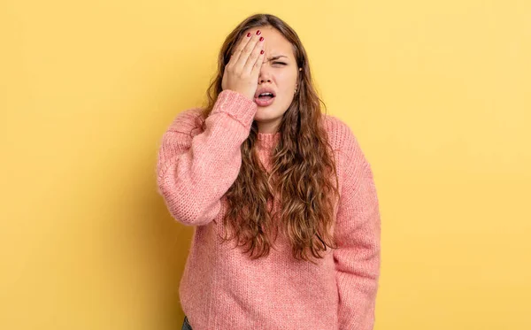 Hispanic Pretty Woman Looking Sleepy Bored Yawning Headache One Hand — Stock Photo, Image