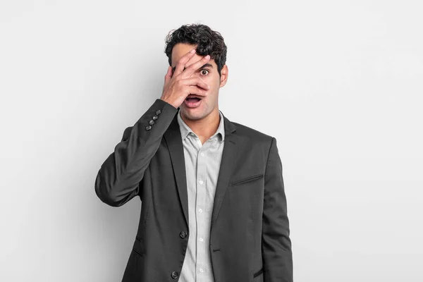 Young Businessman Looking Shocked Scared Terrified Covering Face Hand Peeking — Stock Photo, Image