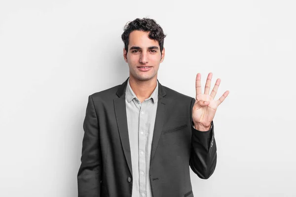 Young Businessman Smiling Looking Friendly Showing Number Four Fourth Hand — Stock Photo, Image